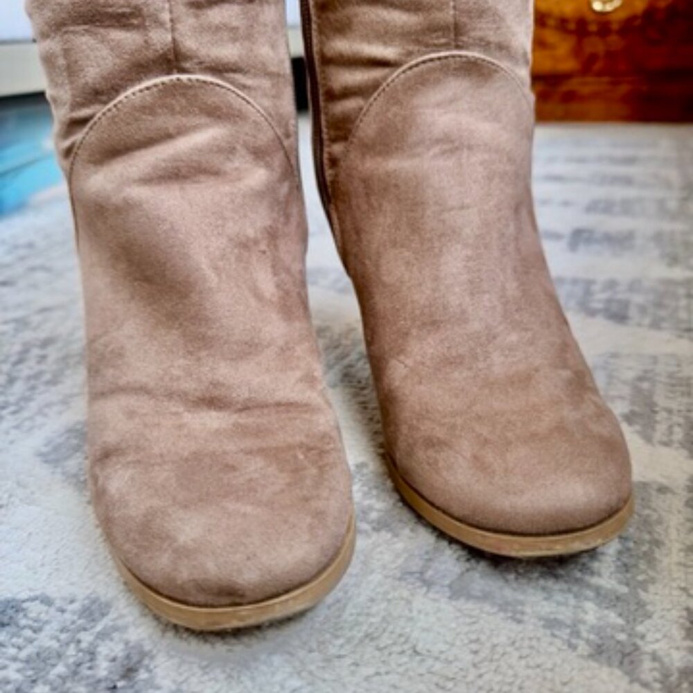 Tan Vegan Suede Over The Knee Stacked Wooden Heel Boots - Picture 4 of 8